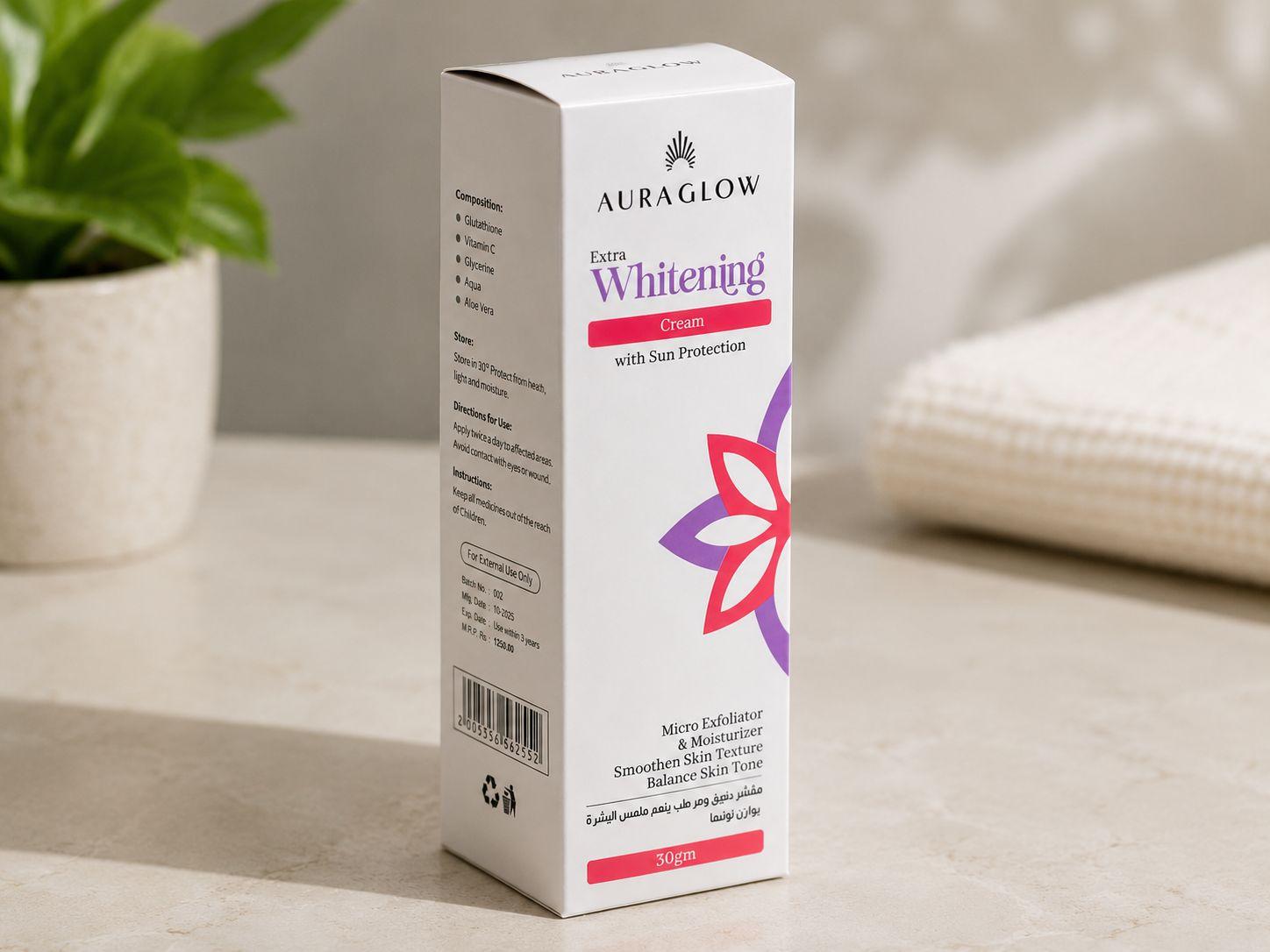 Aura Glow Extra Whitening Cream 30 g — box at an angle showing composition panel