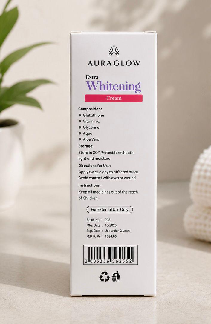 Aura Glow Extra Whitening Cream 30 g — back of box with ingredients and directions